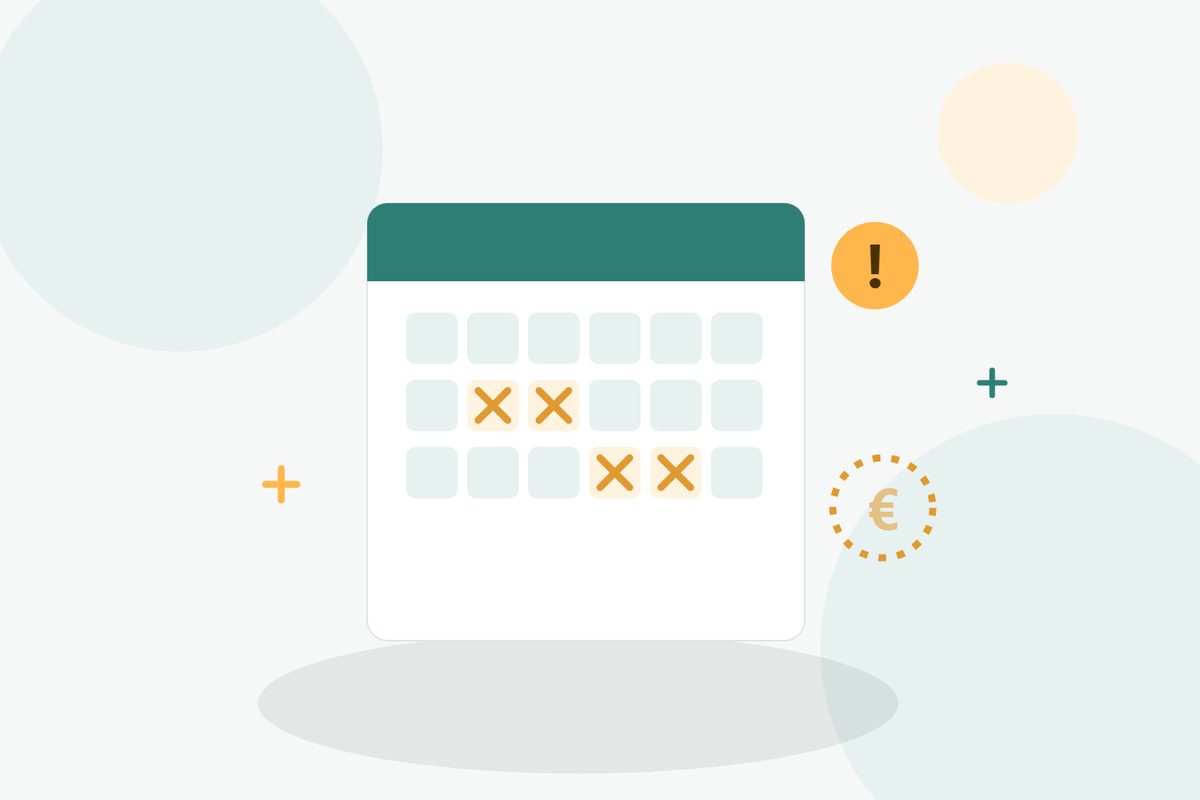 Illustration : calendrier avec echeances barrees et euro manquant, pension impayee
