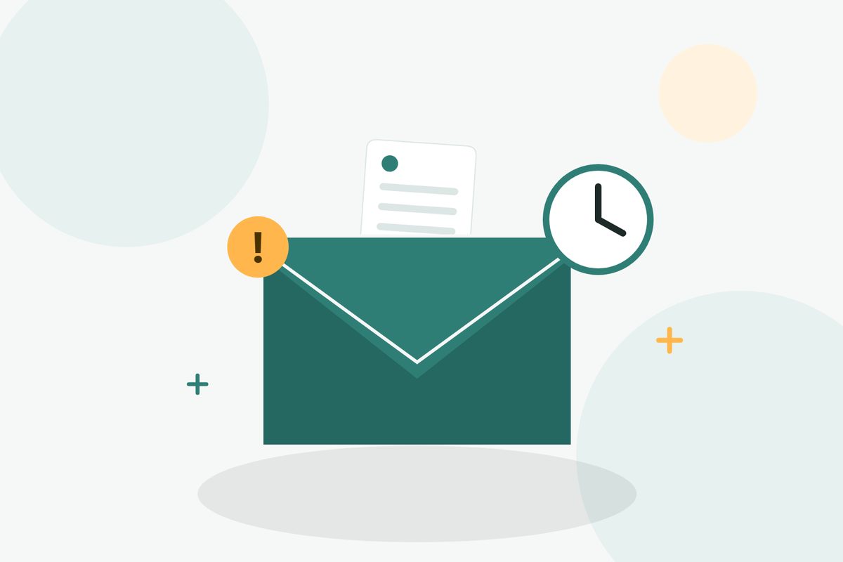 Illustration: an envelope with a receipt, a clock and a reminder signal